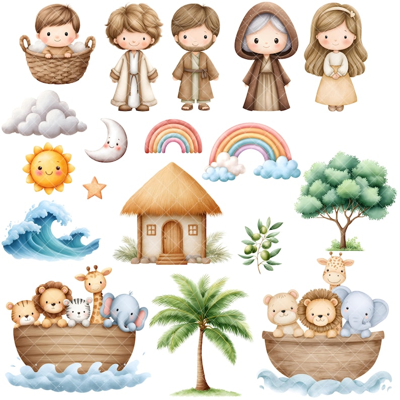 May include: Watercolor illustrations of biblical figures, animals, and natural elements. Includes a baby in a basket, people in robes, rainbows, a sun, moon, house, tree, and animals in an ark. The style is soft and whimsical.