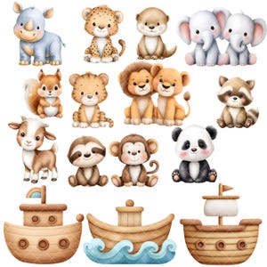 May include: Watercolor illustrations of various baby animals, including a rhino, leopard, otter, elephants, squirrel, tiger, lions, raccoon, goat, sloth, monkey, and panda. Also included are three wooden ark boats with a rainbow and waves.