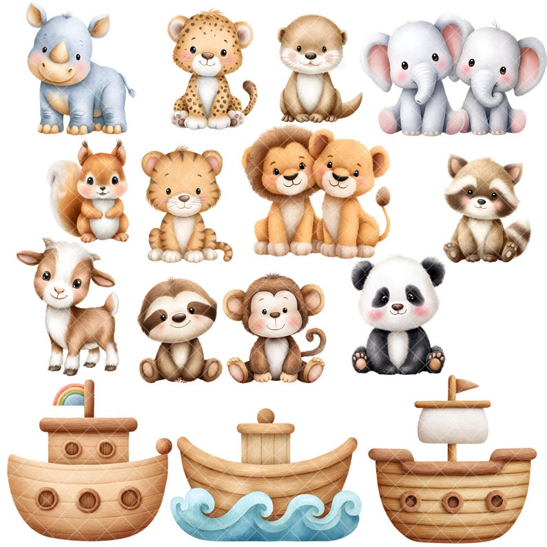 May include: Watercolor illustrations of various baby animals, including a rhino, leopard, otter, elephants, squirrel, tiger, lions, raccoon, goat, sloth, monkey, and panda. Also included are three wooden ark boats with a rainbow and waves.