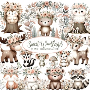 Puede incluir: Ilustraciones en acuarela de animales del bosque, incluyendo un erizo, un oso, un ciervo y un zorro, cada uno adornado con coronas florales. El texto "Sweet Woodland" se muestra con el texto "55 PNG • COMMERCIAL USE". La paleta de colores incluye marrones, rosas y verdes suaves.