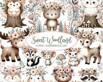 Könnte beinhalten: Aquarellillustrationen von Waldtieren, darunter ein Igel, ein Bär, ein Reh und ein Fuchs, jeweils mit Blumenkränzen geschmückt. Der Text "Sweet Woodland" wird mit dem Text "55 PNG • COMMERCIAL USE" angezeigt. Die Farbpalette umfasst weiche Braun-, Rosa- und Grüntöne.