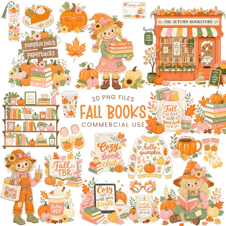May include: A collection of digital illustrations featuring autumn-themed elements including scarecrows, pumpkins, books, a bookstore storefront, sweaters, and mugs. The text includes phrases like Fall Books, Pumpkin Patch Paperbacks, and Cozy Book Club.