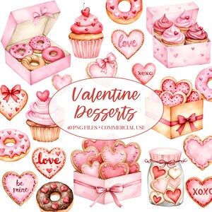 Watercolor Desserts in pinks and reds with hearts. It includes cookies, cupcakes, donuts and cakes. The cookies have phrases such as love, xoxo, be mine. Perfect for Valentine's Day