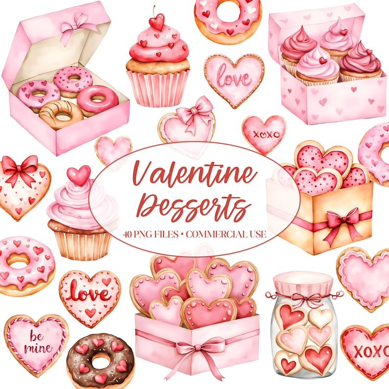 Watercolor Desserts in pinks and reds with hearts. It includes cookies, cupcakes, donuts and cakes. The cookies have phrases such as love, xoxo, be mine. Perfect for Valentine's Day