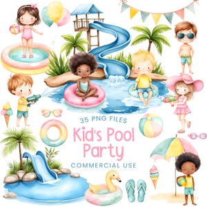 Pool Party Clipart - Watercolor - Cute Summer Clipart - Kid&#39;s Birthday Png - Pool Clipart - Ice Cream - Summer Fun - Commercial Use