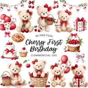 Può includere: Una collezione di illustrazioni ad acquerello con orsetti, ciliegie, palloncini e dessert. Il testo recita "Cherry First Birthday" e "30 PNG FILES COMMERCIAL USE". Le immagini sono in una morbida tavolozza di colori pastello.