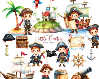 May include: Set of 20 watercolor illustrations of cute little pirates. Includes a pirate ship, treasure chest, map, parrot, cannon, anchor, and more. Perfect for scrapbooking, card making, and other craft projects.