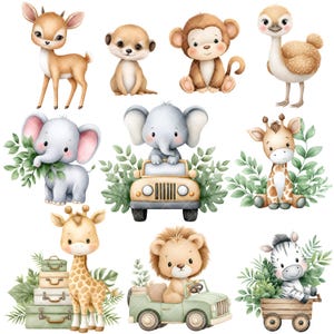 以下が含まれることがあります： 愛らしいサファリ動物を描いた水彩イラストのコレクション。画像には、鹿、ミーアキャット、猿、ダチョウ、象、キリン、ライオン、シマウマが含まれています。各動物は、緑の葉に囲まれたキュートな漫画スタイルで描かれています。