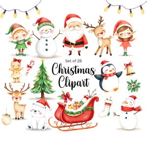 Christmas clipart - Watercolor - Cute - Christmas Png - Santa - Reindeer - Snowman - Elf - Whimsical - Commercial license - Festive clipart