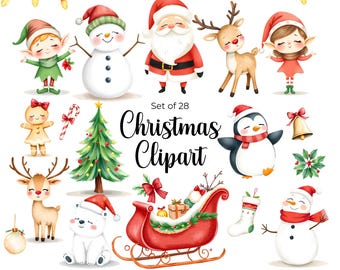 Christmas clipart - Watercolor - Cute - Christmas Png - Santa - Reindeer - Snowman - Elf - Whimsical - Commercial license - Festive clipart