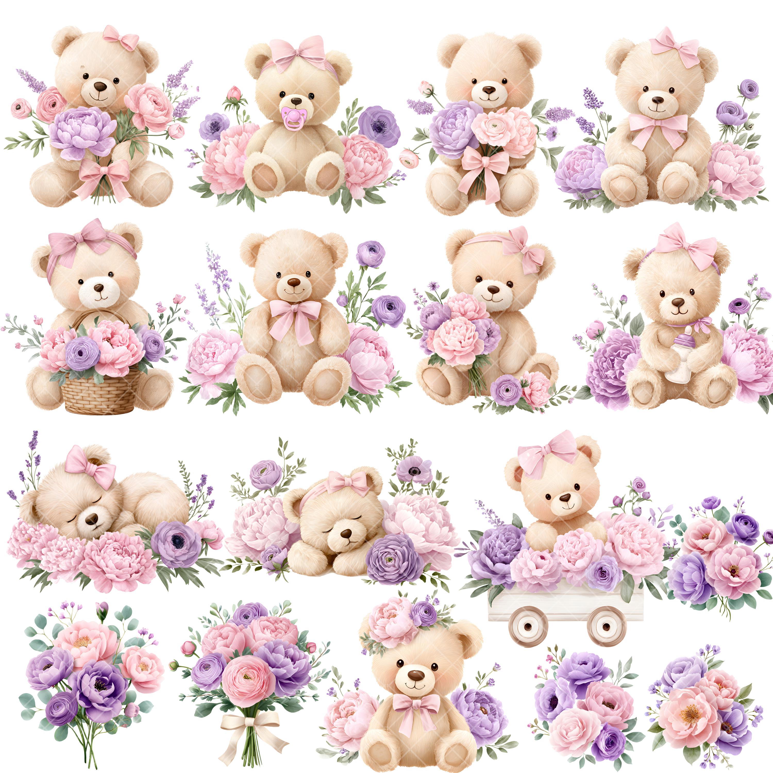 Baby in Bloom Clipart - Watercolor - Teddy Bear Png - Nursery Clipart ...