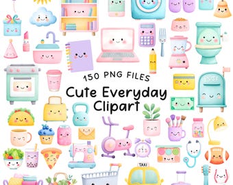 May include: A collection of 150 digital illustrations featuring everyday objects with smiling faces, including a washing machine, laptop, taxi, guitar, and household items in pastel colors with the text 150 PNG FILES Cute Everyday Clipart.