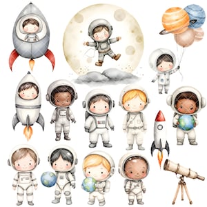 May include: Watercolor illustrations of cartoon astronauts, rockets, planets, and a telescope. The astronauts are depicted in white spacesuits, some holding planets or balloons. The background includes a moon and stars, creating a space-themed design.