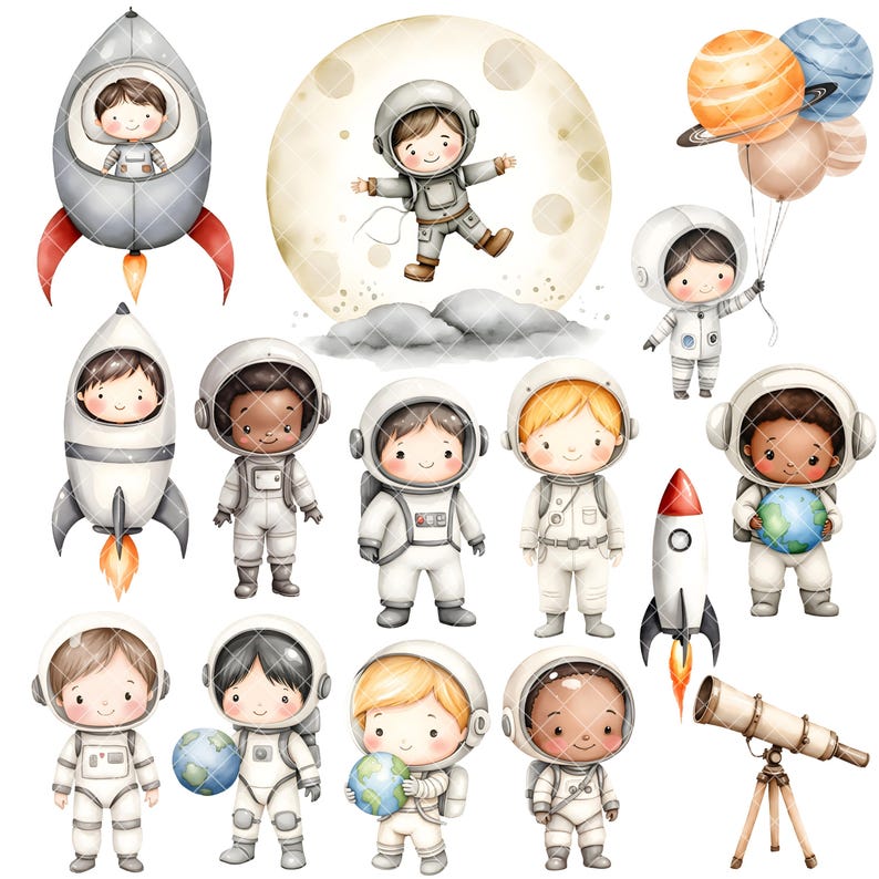 May include: Watercolor illustrations of cartoon astronauts, rockets, planets, and a telescope. The astronauts are depicted in white spacesuits, some holding planets or balloons. The background includes a moon and stars, creating a space-themed design.