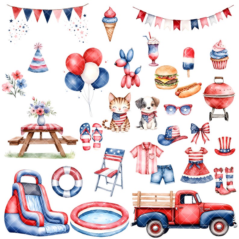 May include: Watercolor illustration with patriotic themes. Includes a red pickup truck, picnic table, balloons, ice cream, a grill, and other festive items in red, white, and blue. Perfect for Independence Day.