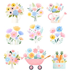 May include: A collection of watercolour illustrations of floral arrangements. The image shows bouquets in a white jug, a watering can, and a pink wheelbarrow. The flowers are in shades of pink, yellow, blue, and purple, with green leaves.