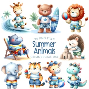 Cute Summer Animals - Watercolor Clipart - Kids Summer Png - Bear - Tiger - Hedgehog - Dinosaur - Deer - Elephant - Hippo - Commercial Use
