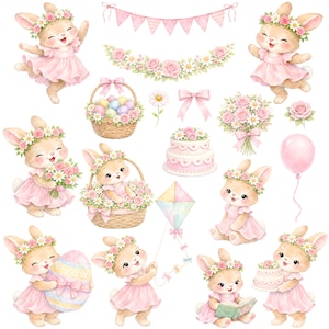 May include: Watercolor illustrations of Easter bunnies in pink dresses, flower crowns, and baskets. The image includes a cake, balloon, kite, and floral garlands. The bunnies are holding eggs, flowers, and books. The overall theme is Easter and spring.