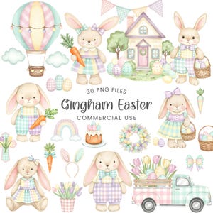 May include: Watercolor illustrations featuring Easter-themed elements. Includes bunnies, a hot air balloon, a house, eggs, a rainbow, a cake, a wreath, a truck, and carrots. The text reads "Gingham Easter" and "30 PNG FILES COMMERCIAL USE".