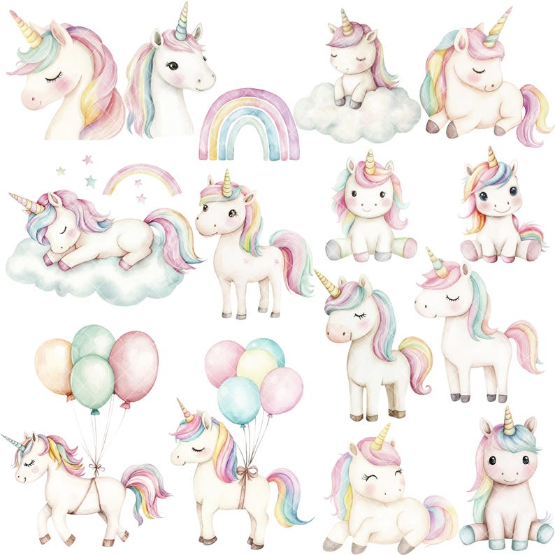 May include: Watercolor illustration of 13 pastel-colored unicorns with rainbow manes and tails. The unicorns are in various poses, including sleeping, standing, and flying. There is also a rainbow arch in the image.