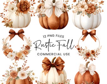 Rustic Fall Clipart - Watercolor - Floral Pumpkin Png - Boho Pumpkin - Autumn Png - Commercial Use