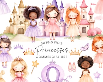 May include: A set of 30 watercolor illustrations featuring princesses, castles, carriages, crowns, and other fairytale elements. The illustrations are in a whimsical style and are perfect for creating digital or printed projects.