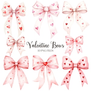 Könnte beinhalten: Zehn Aquarell-Illustrationen von rosa Valentinstags-Schleifen mit roten Herzen. Die Schleifen sind perfekt, um Ihren Bastelarbeiten und Designs einen Hauch von Romantik zu verleihen.