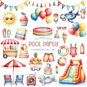 Clipart de fiesta en la piscina - Acuarela - Lindo clipart de verano - Cumpleaños de niño Png - Clipart de playa - Helado - Flotador de tiburón - Uso comercial
