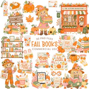 May include: A collection of digital illustrations featuring autumn-themed elements including scarecrows, pumpkins, books, a bookstore storefront, sweaters, and mugs. The text includes phrases like Fall Books, Pumpkin Patch Paperbacks, and Cozy Book Club.