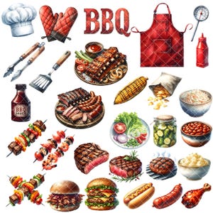 May include: Watercolor illustration of various barbecue items, including ribs, steaks, burgers, hot dogs, and skewers. Also features a chef's hat, oven mitts, an apron, and side dishes like corn, salad, and beans. A bottle of BBQ sauce is also included.