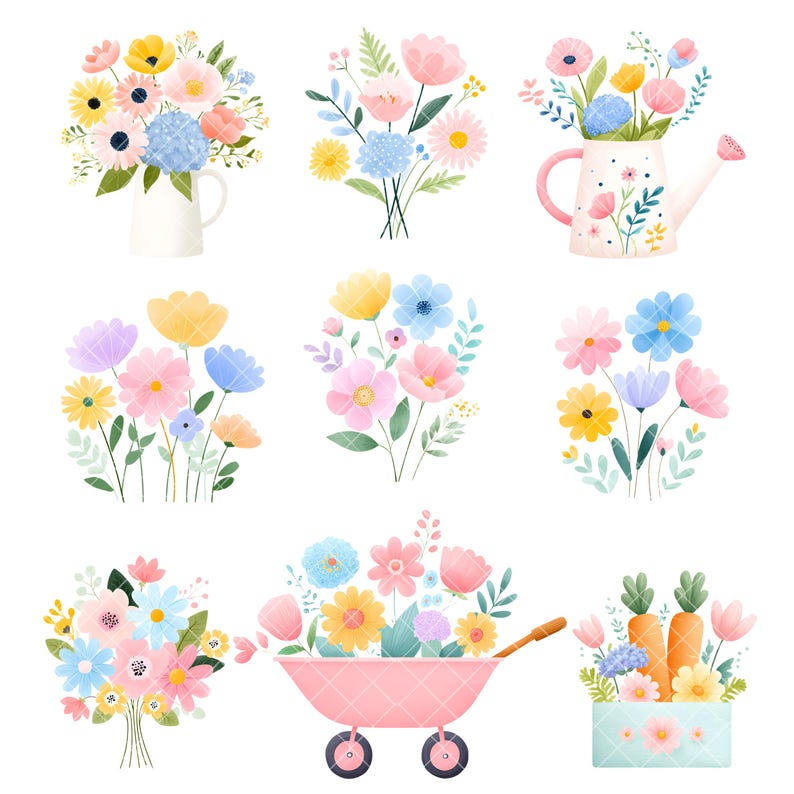 May include: A watercolour illustration of several floral arrangements. The image shows bouquets of pink, yellow, blue, and purple flowers in a white jug, a watering can, a pink wheelbarrow, and a blue box. The flowers are in full bloom.