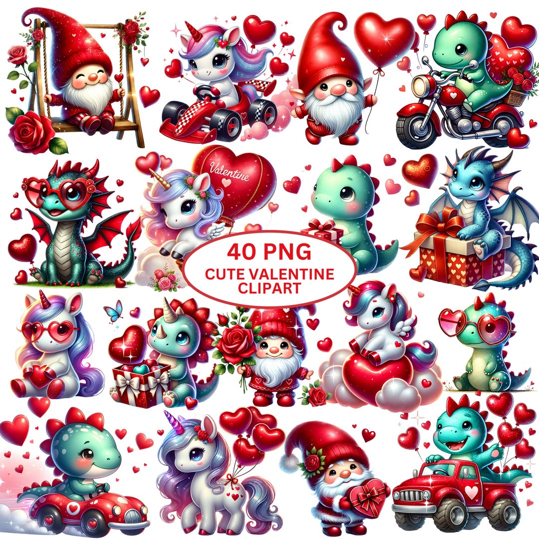 Cute Valentine Clipart Bundle - Watercolor - Unicorns - Dragons ...