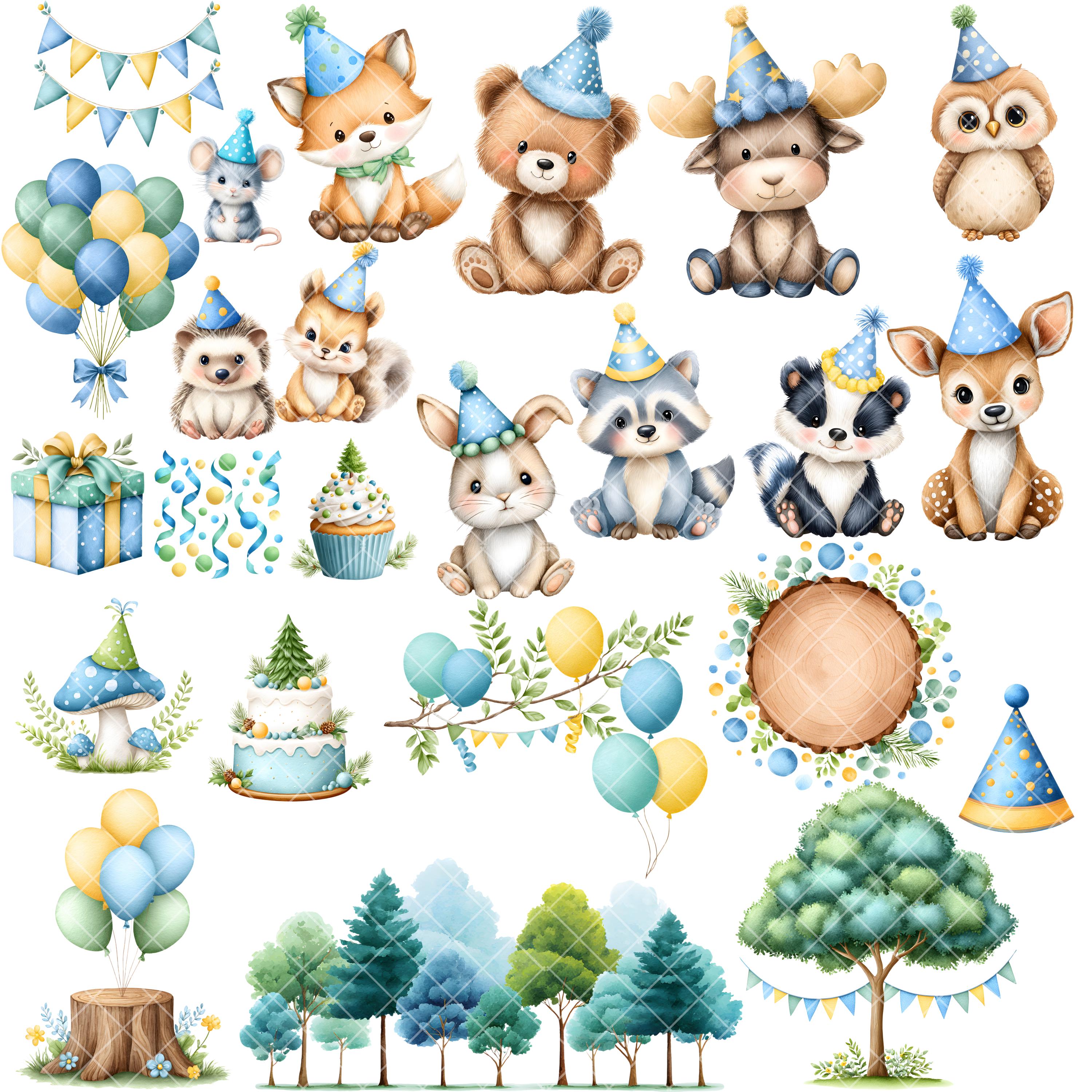 Woodland Birthday Clipart - Watercolor - Woodland Animal Png - Cute ...