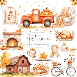 May include: A set of 23 autumn-themed watercolor illustrations, including a red truck with pumpkins, a fireplace, a barn, a bicycle, a book, a cup of coffee, a turkey, a scarf, a hat, and socks. The illustrations are perfect for fall-themed crafts, scrapbooking, and digital design.