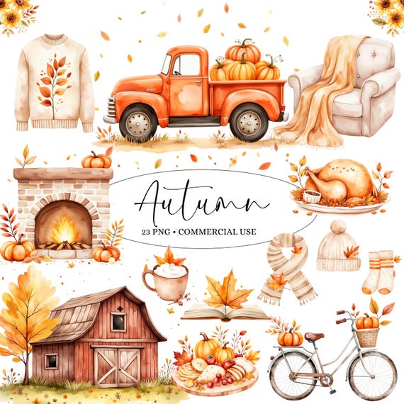 Cozy Fall Clipart - Watercolor - Autumn Png Files - Fall Truck - Cozy Home Clipart - Charcuterie Png - Commercial license