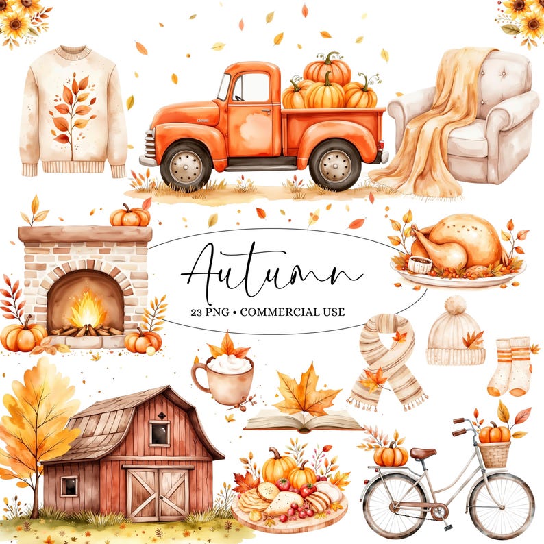 May include: A set of 23 autumn-themed watercolor illustrations, including a red truck with pumpkins, a fireplace, a barn, a bicycle, a book, a cup of coffee, a turkey, a scarf, a hat, and socks. The illustrations are perfect for fall-themed crafts, scrapbooking, and digital design.