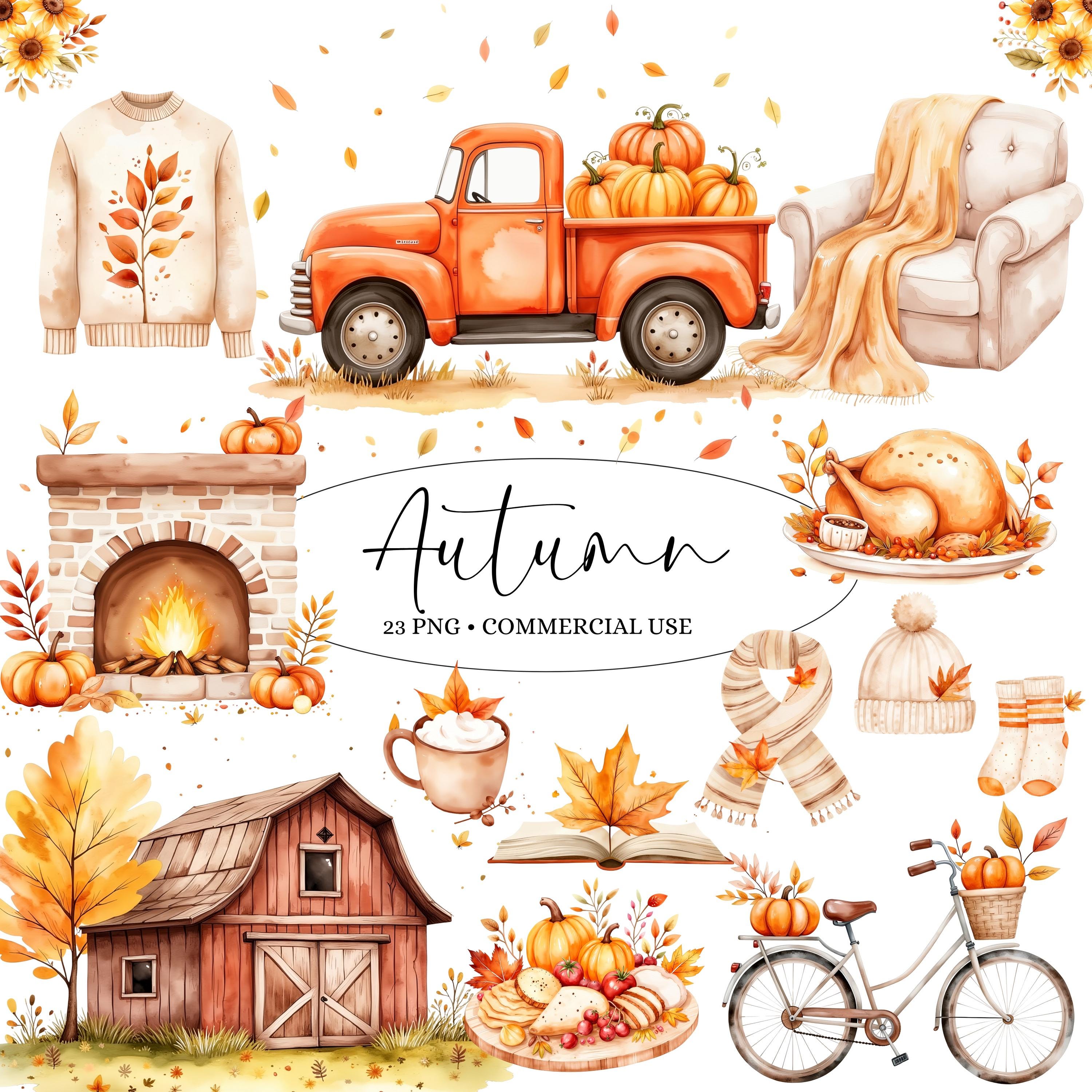 Cozy Fall Clipart - Watercolor - Autumn Png Files - Fall Truck - Cozy ...