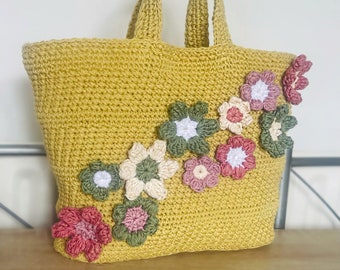 Crochet Bag With Flowers Applique Pattern Kids / Girls Tote Bag Digital Download