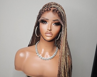Mix color Knotless Box Braided Wig With Curly Tip regular cap size