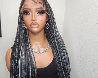 Salt & Pepper Knotless Box Braided Lace Wig With 6x6 transparent lace closure