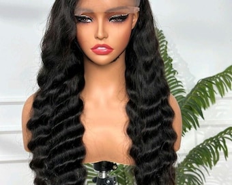 22 INCH 100% Human Hair 5X5 Closure Ocean Wave Long Glueless Wig