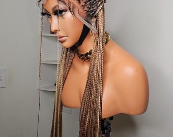 Mix Color Frontal Knotless Box Braided Wig With Straight