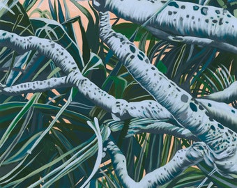 May include: A painting of a tropical scene with blue-grey branches with white spots and green leaves. The branches are intertwined and create a sense of depth and texture.