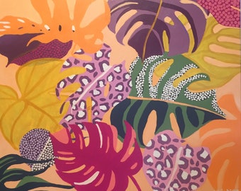 May include: Abstract painting featuring a variety of colorful leaves and patterns. The leaves are in shades of pink, purple, green, yellow, and orange. The patterns include polka dots, leopard print, and geometric shapes.