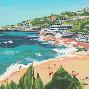 Print of Colourful impressionist landscape painting of Tamarama Beach, Sydney, Australia, pink, green, blue seascape