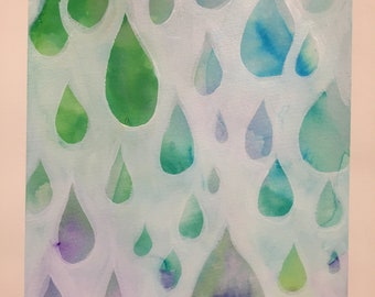 Original, mídia mista, pintura de gotas de chuva, lágrimas, em água, verde e roxo