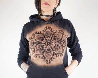 Hoodie mit Häkelmuster, Pullover mit Spitze, gebleichter Mandala Hoodie, Vintage Boho Blumen Kleidung, Winterpullover, Weihnachtspullover