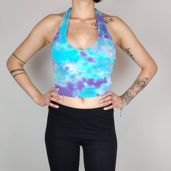 Tie dye Neckholder Top mit kräftigen Meeresfarben, blau lila grün Batik, Yoga Shirt, Hippie Kleidung, Bauchfreies Sommertop, Mädchen, Teens