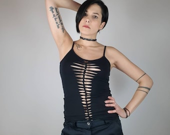 Gothic cut out Top geflochten, schwarz, Festivaloutfit, Baumwolle, rückenfrei