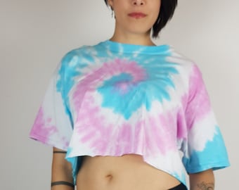 Batik crop Shirt mit Spiralmuster, türkis-pink-weiß, Yoga Shirt, Hippie Kleidung, Bauchfreies Sommertop, Baumwolle, Größe XL